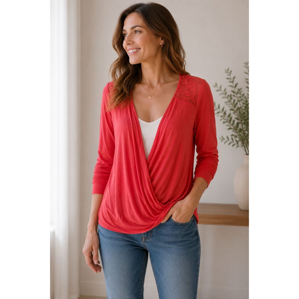 Torrid Super Soft Knits Wrap Top Coral Orange/Pink Size 0/12/L Lace